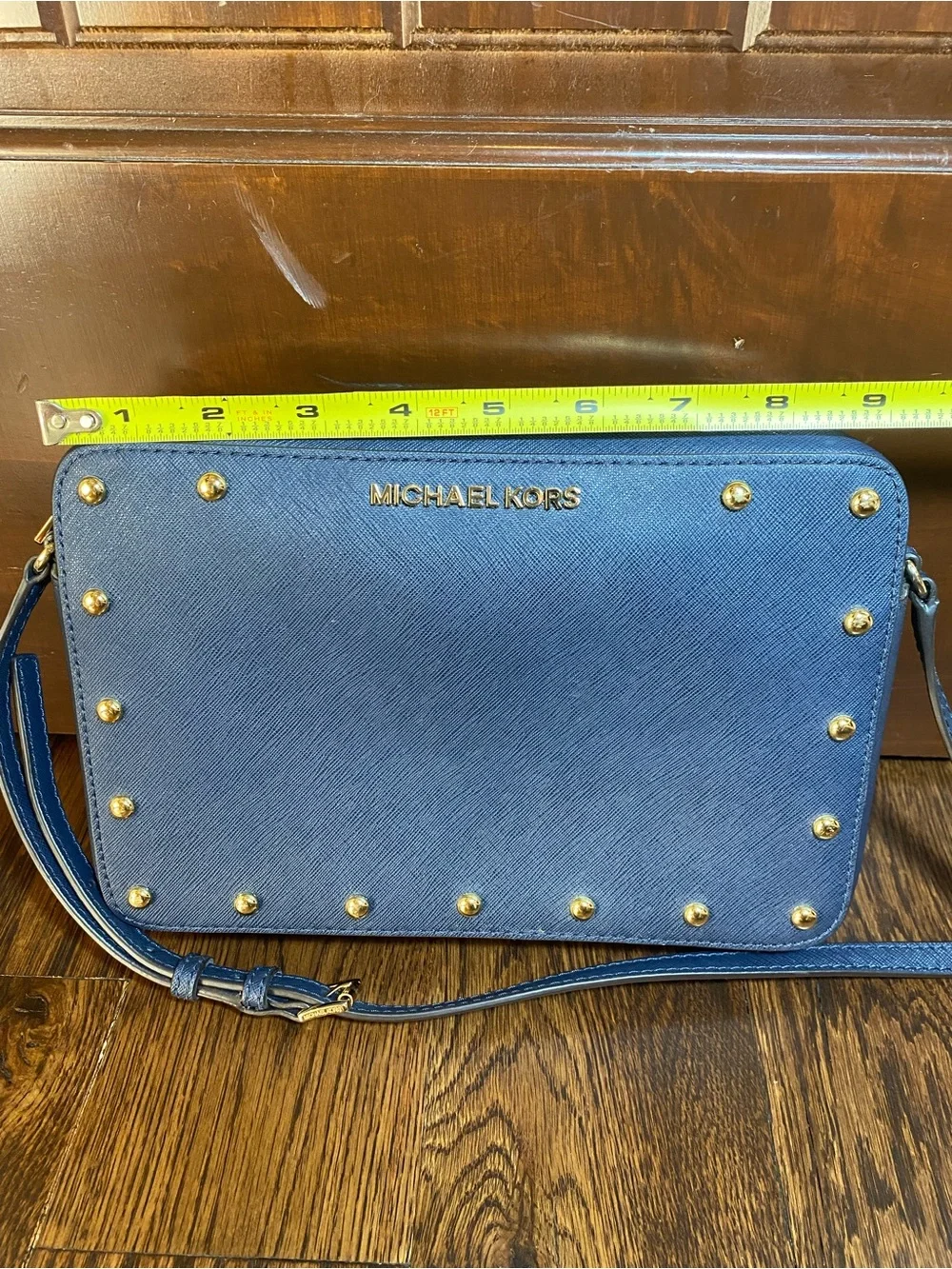 Michael Kors Sandrine Gold Studded MK EW Crossbody Bag Navy Saffiano Leather